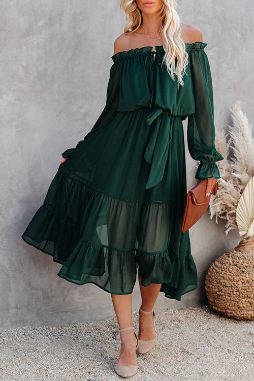 Layer Ruffles Off Shoulder Belted Maxi Dress - Fashionpara