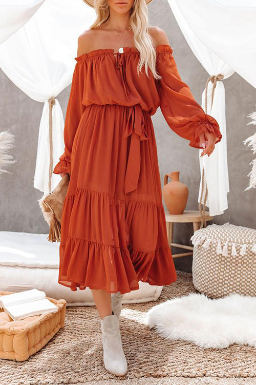 Layer Ruffles Off Shoulder Belted Maxi Dress - Fashionpara