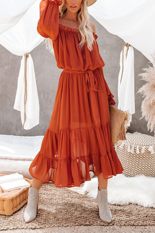 Layer Ruffles Off Shoulder Belted Maxi Dress - Fashionpara