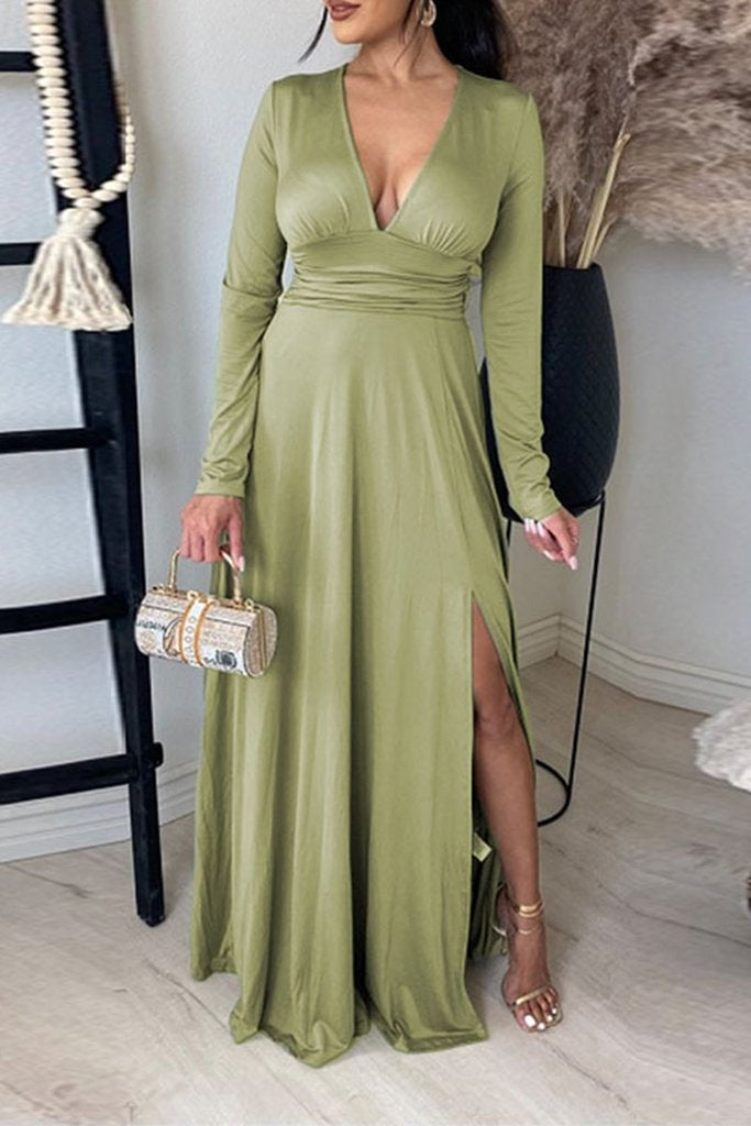 V Neck Long Sleece Slit Maxi Dress - Fashionpara