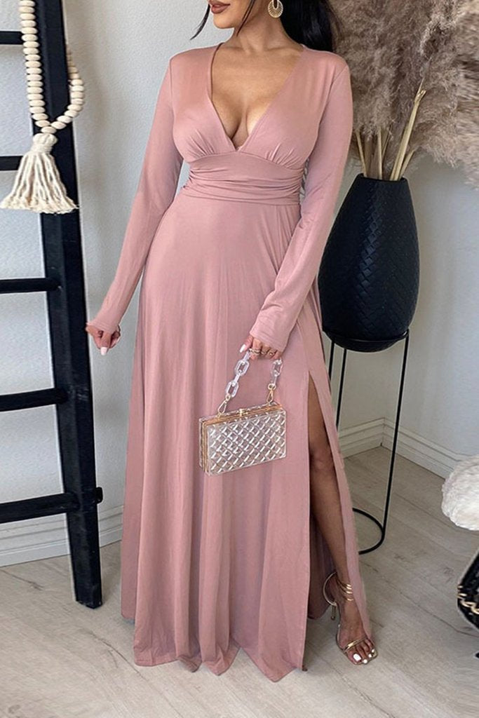 V Neck Long Sleece Slit Maxi Dress - Fashionpara