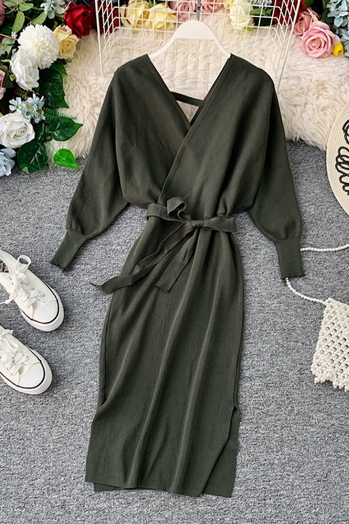 Surplice Wrap Side Slit Sweater Dress - Fashionpara