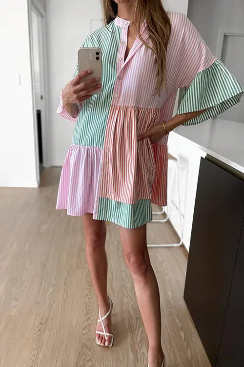 Stripe Color Block Half Button Mini Dress - Fashionpara