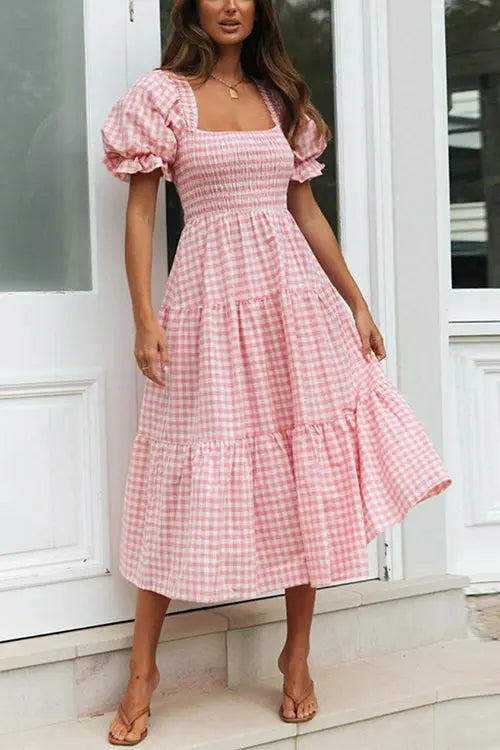 Plaid Square Neck Puff Sleeve Midi Dress - Fashionpara