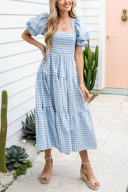 Plaid Square Neck Puff Sleeve Midi Dress - Fashionpara