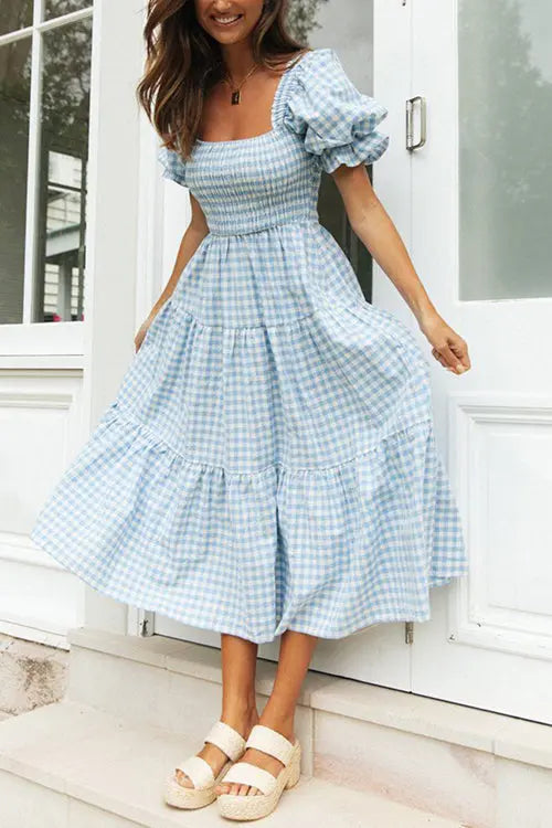 Plaid Square Neck Puff Sleeve Midi Dress - Fashionpara