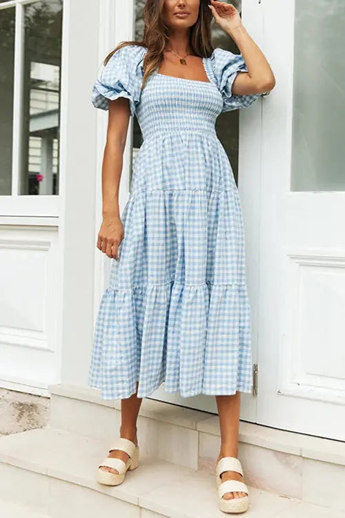 Plaid Square Neck Puff Sleeve Midi Dress - Fashionpara