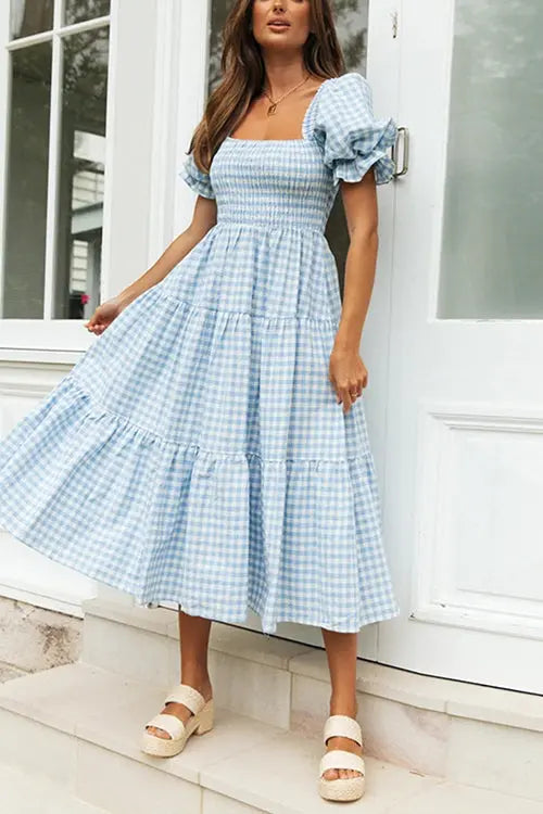 Plaid Square Neck Puff Sleeve Midi Dress - Fashionpara