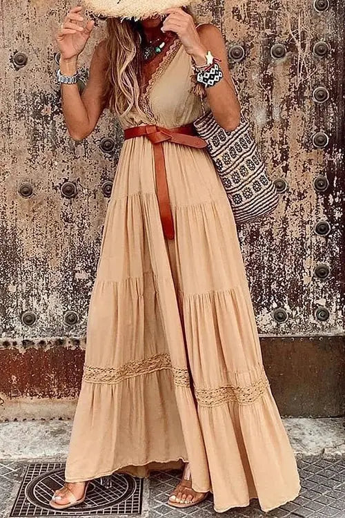 Lace V Neck Sleeveless Layer Maxi Dress - Fashionpara