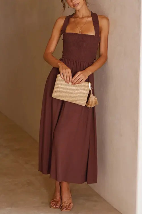 Elastic Shirred Bodice Cross Back Pocket Dress - Fashionpara