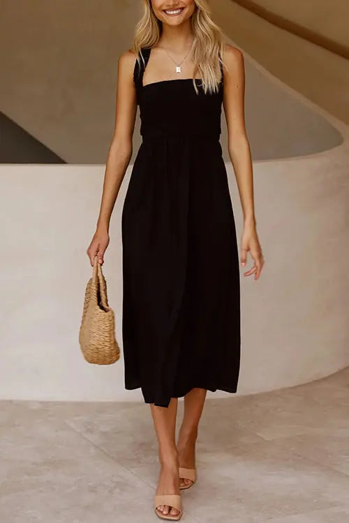 Elastic Shirred Bodice Cross Back Pocket Dress - Fashionpara