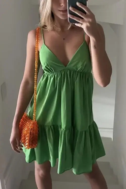 V Neck Backless Slip Mini Dress - Fashionpara