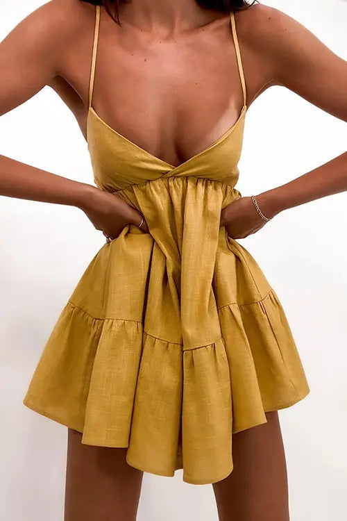 V Neck Backless Slip Mini Dress - Fashionpara