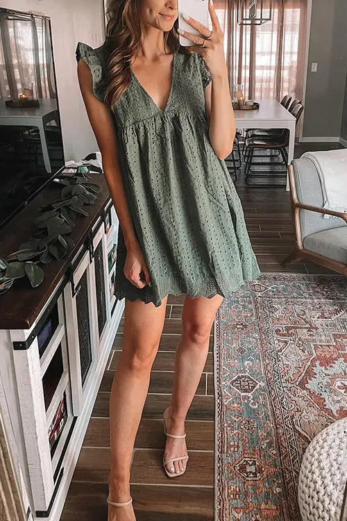 Embroidery Ruffle Trim Smock Dress - Fashionpara