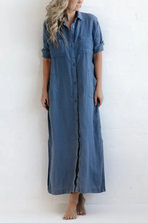 Linen Button Pockets Shirt Maxi Dress - Fashionpara