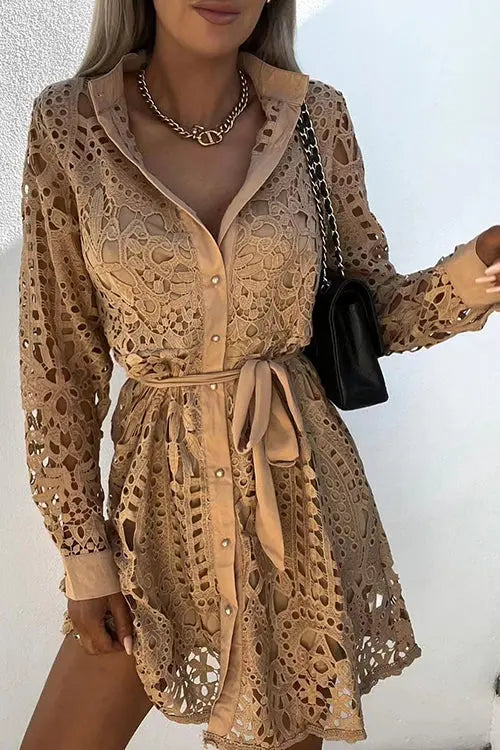 Hollow Lace Button Long Sleeve Shirt Dress - Fashionpara