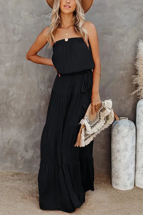 Strapless Belted Maxi Dress - Fashionpara