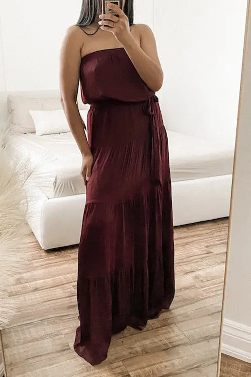 Strapless Belted Maxi Dress - Fashionpara