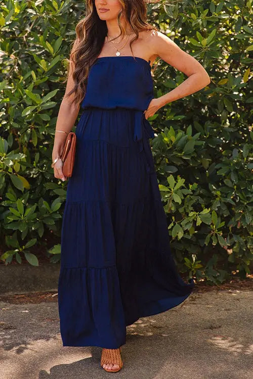 Strapless Belted Maxi Dress - Fashionpara