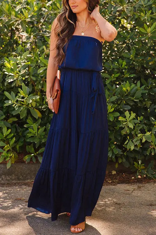 Strapless Belted Maxi Dress - Fashionpara