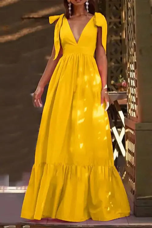 Tie Straps V Neck Tiered Ruffles Maxi Dress - Fashionpara