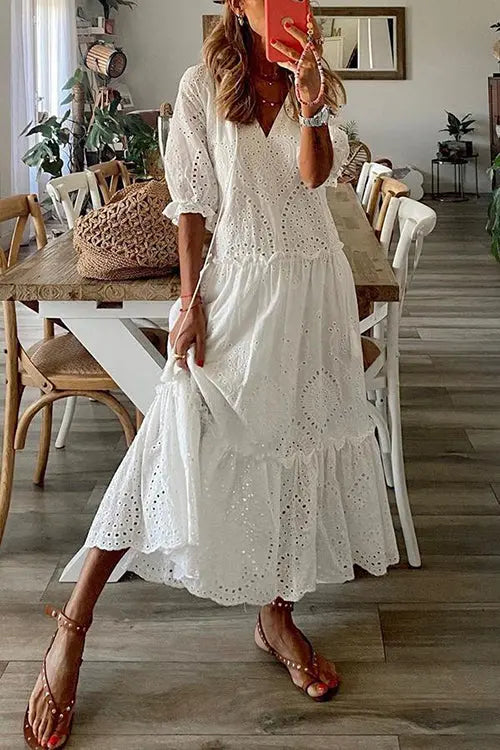 Eyelet Tassels Tiered Maxi Dress - Fashionpara