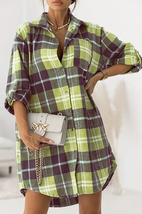 Oversized Plaid Button Shirt Dress - Fashionpara