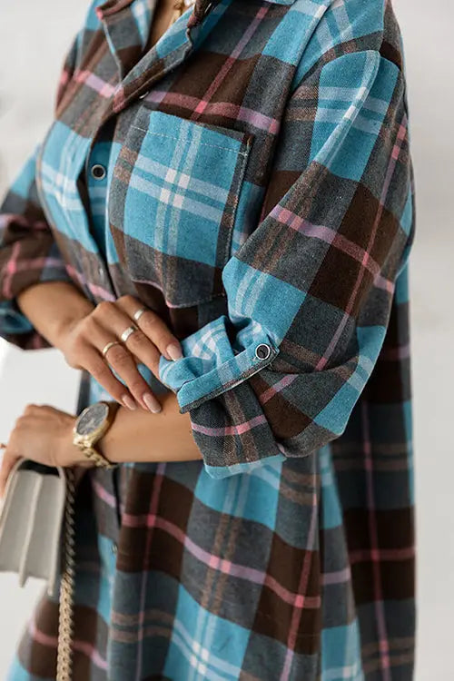 Oversized Plaid Button Shirt Dress - Fashionpara
