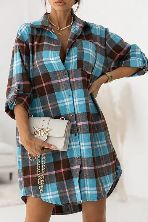 Oversized Plaid Button Shirt Dress - Fashionpara