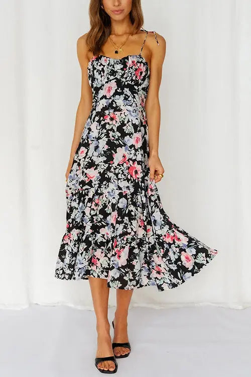 Floral Tie Straps Ruffles Midi Dress - Fashionpara