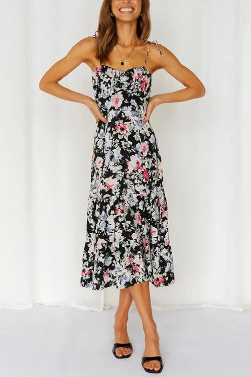 Floral Tie Straps Ruffles Midi Dress - Fashionpara
