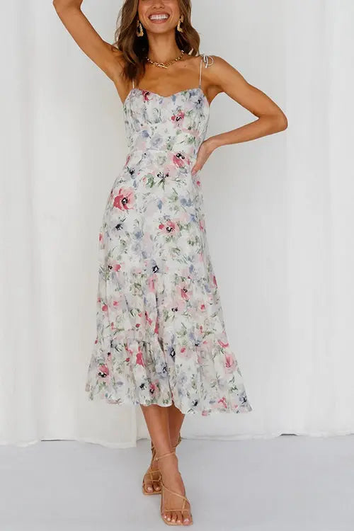 Floral Tie Straps Ruffles Midi Dress - Fashionpara