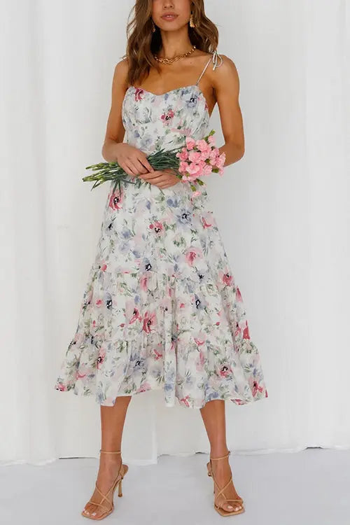 Floral Tie Straps Ruffles Midi Dress - Fashionpara