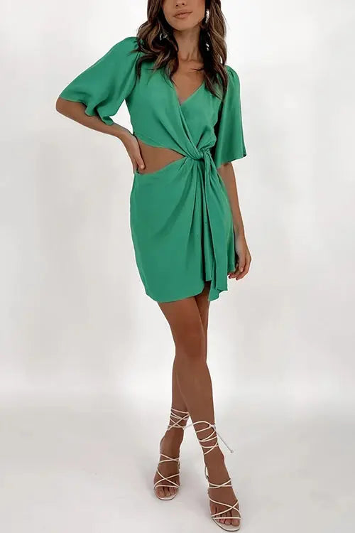 Crossover Cut Out Tie Fron Mini Dress - Fashionpara
