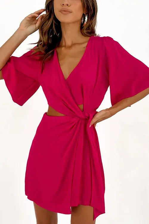 Crossover Cut Out Tie Fron Mini Dress - Fashionpara
