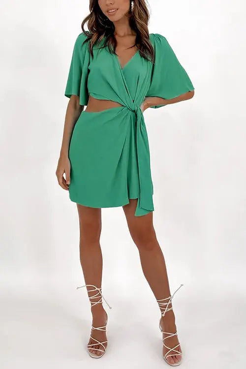 Crossover Cut Out Tie Fron Mini Dress - Fashionpara