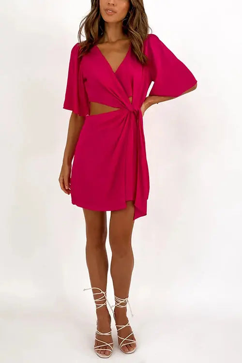 Crossover Cut Out Tie Fron Mini Dress - Fashionpara