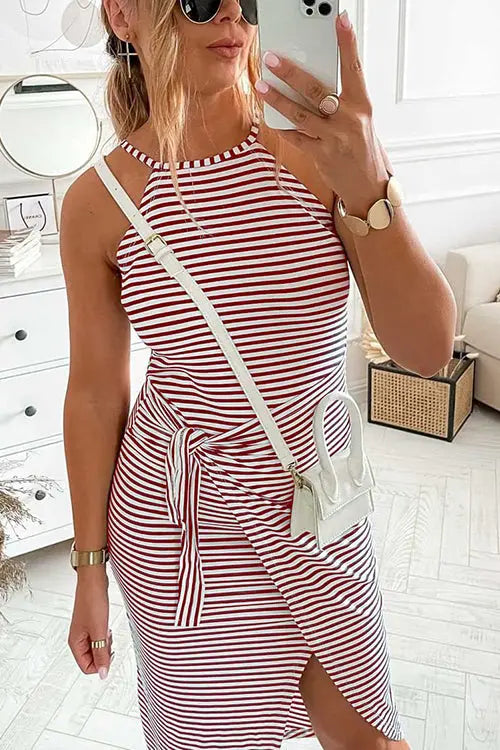 Striped Wrap Tie Asymmetric Halter Midi Dress - Fashionpara