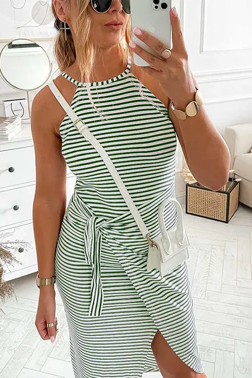 Striped Wrap Tie Asymmetric Halter Midi Dress - Fashionpara