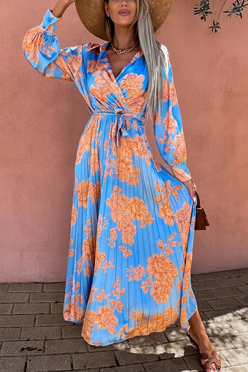 Floral Belted Long Sleeve Maxi Dress - Fashionpara