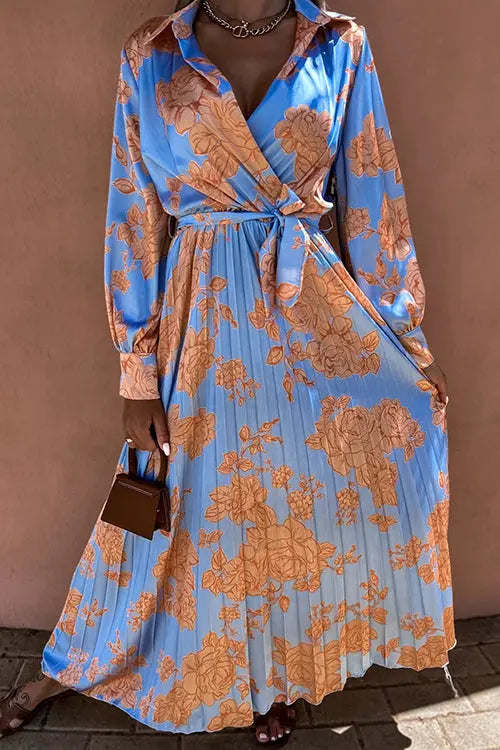 Floral Belted Long Sleeve Maxi Dress - Fashionpara