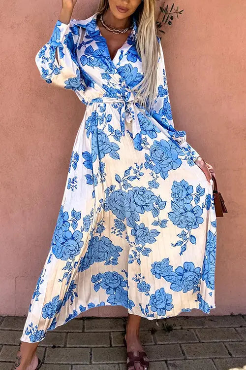 Floral Belted Long Sleeve Maxi Dress - Fashionpara
