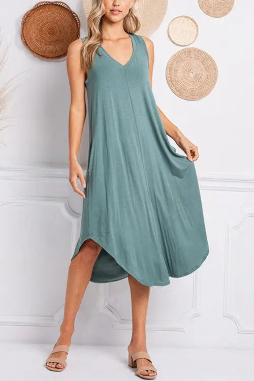 I THINK NOT V Neck Tank Midi Dress - Fashionpara