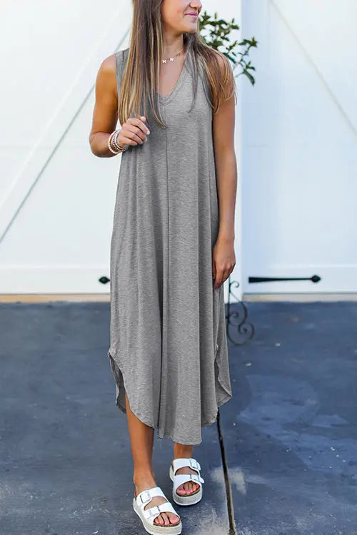 I THINK NOT V Neck Tank Midi Dress - Fashionpara