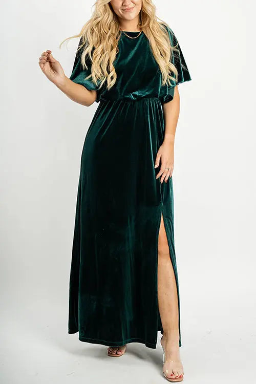 Velvet Wlastic Waist Slit Maxi Dress - Fashionpara