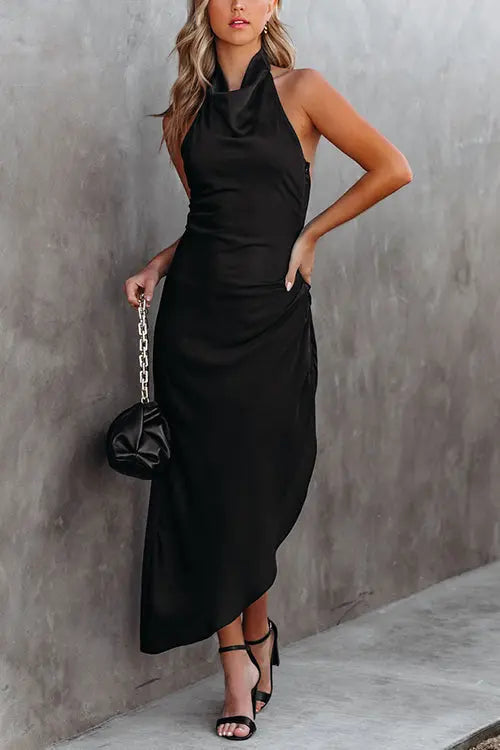 Hang Neck Irregular Hem Open Back Maxi Dress - Fashionpara