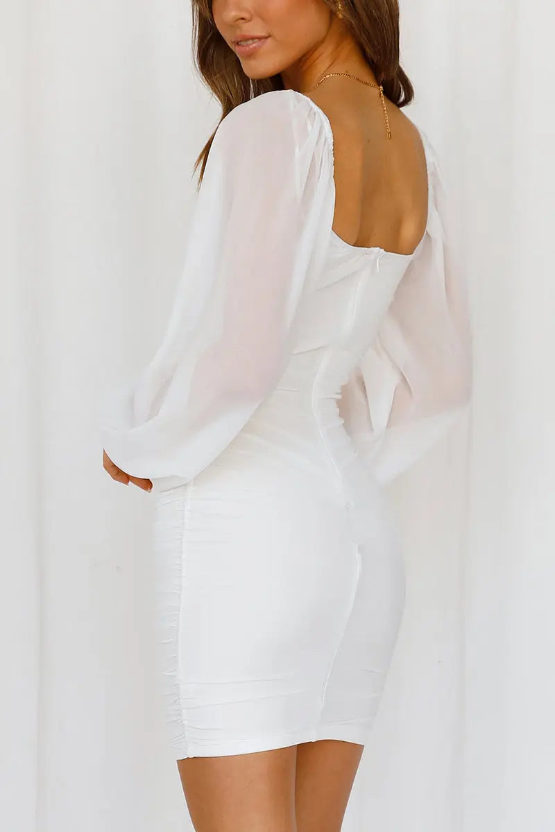 Ruched Statement Sleeve Mini Dress - Fashiondia