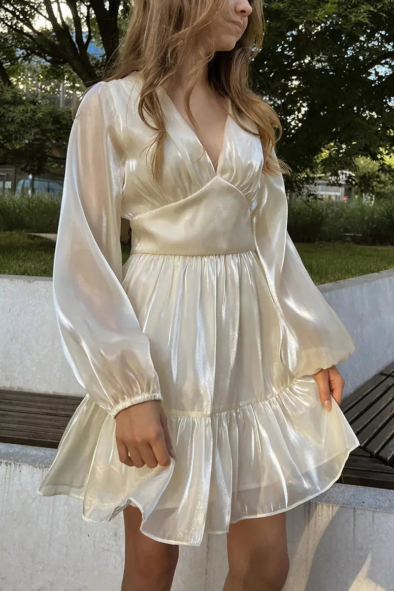 Glitter V Neck Long Sleeve Mini Dress - Fashionpara