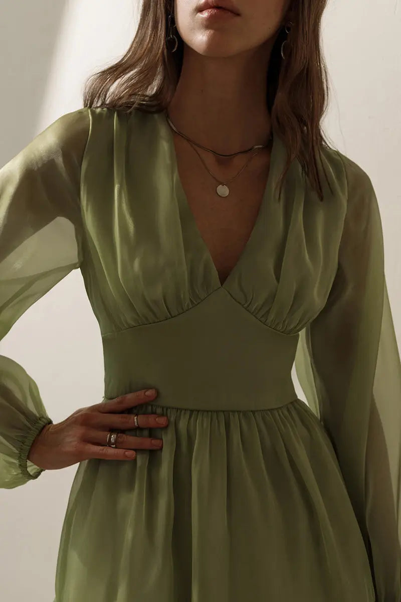 Glitter V Neck Long Sleeve Mini Dress - Fashionpara