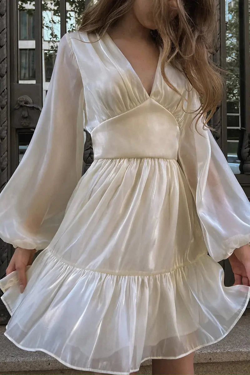 Glitter V Neck Long Sleeve Mini Dress - Fashionpara